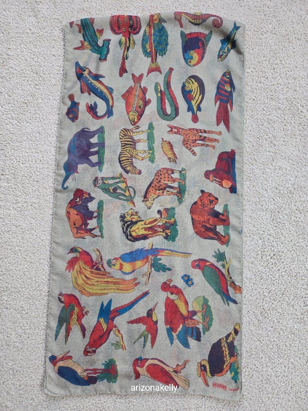 Vintage Animal Print Oblong Scarf Birds Fish Mammals Reptiles 1940's Design